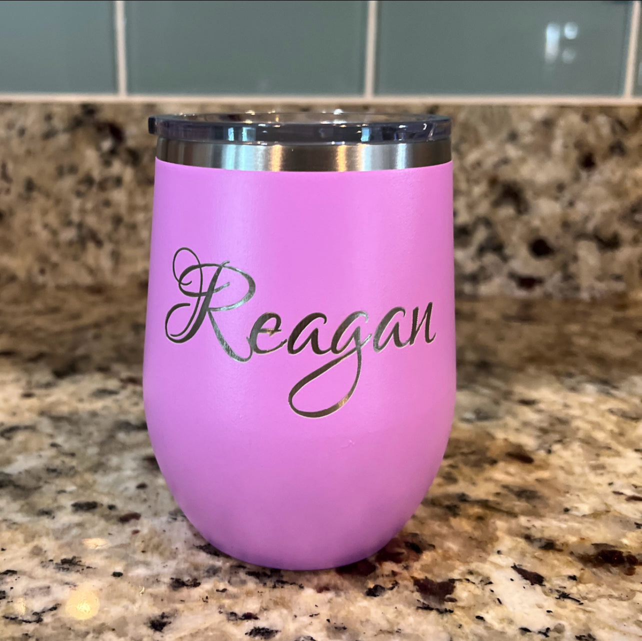 light purple laser engraved wine tumbler 